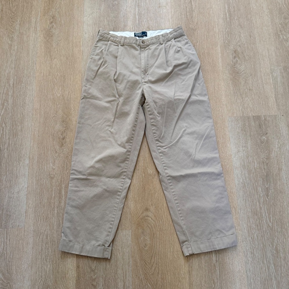 VTG Polo Ralph Lauren Hammond Pant Men‎ 35x30 Khaki Pleated Cuffed Chino Cotton